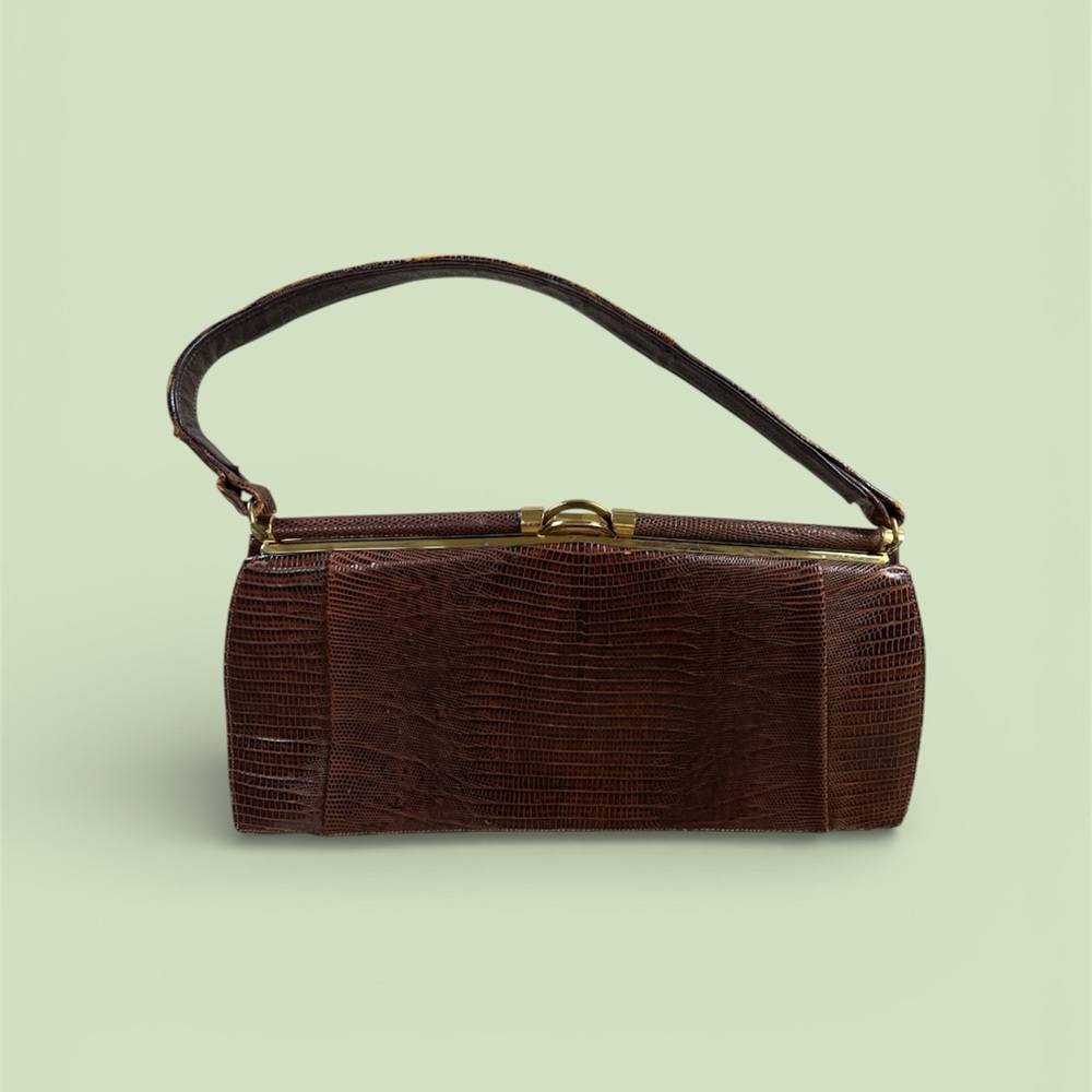 Vintage Midcentury Bellestone Brown Leather Lizard Structured Handbag